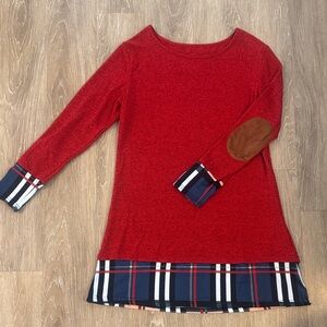 Red Long Sleeve Top with Plaid Accents